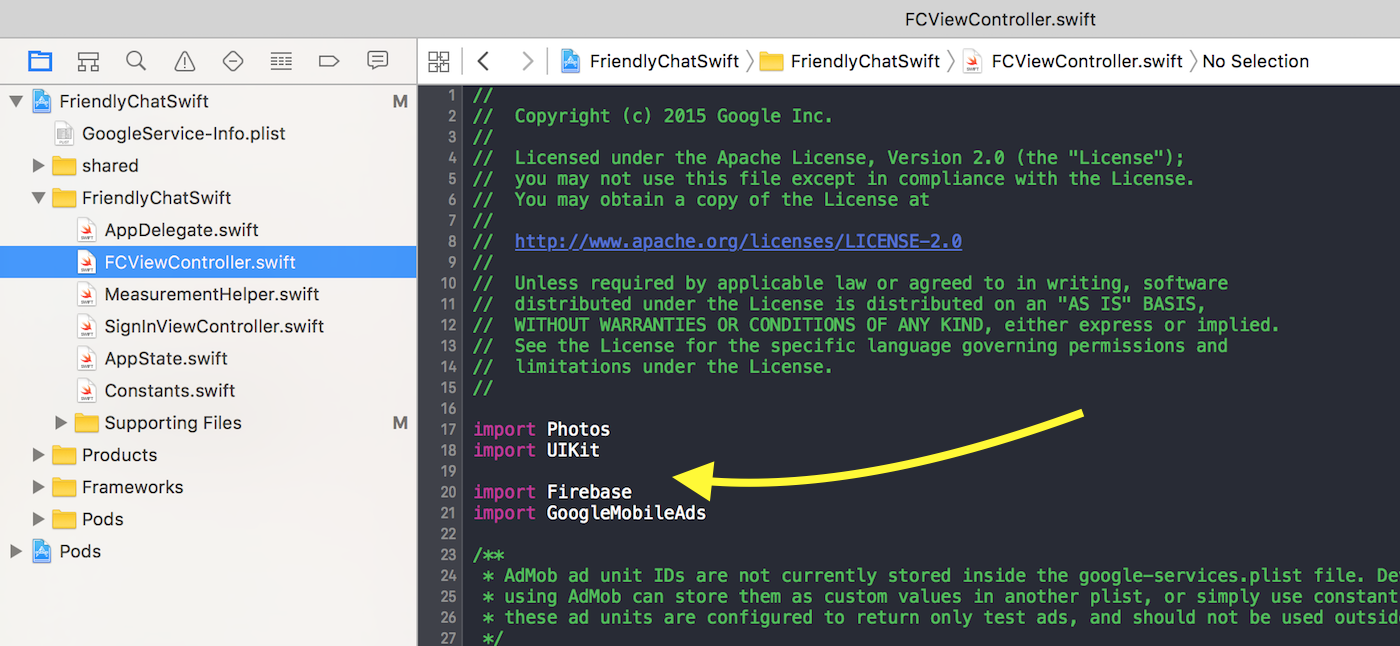 Codelab FriendlyChat Swift Vincular Proeycto